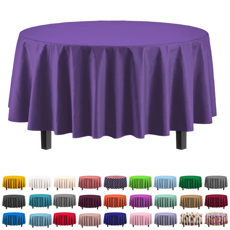 Party Solids 6-Pack Premium Plastic Tablecloth 84in. Round Plastic Table Cover - Purple - Image 1